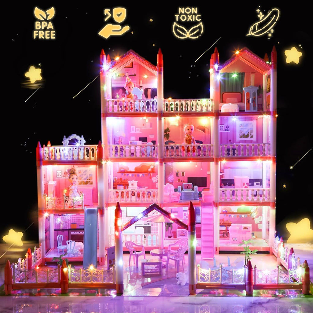 4-Story 15 Rooms Dollhouse with 3 Dolls, Lights, Furniture and Accessories L6499