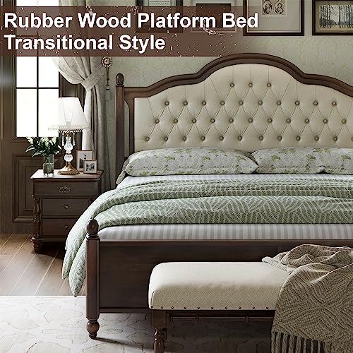 Walnut Queen Size Solid Bed Frame with Upholstered Tufted Headboard H140