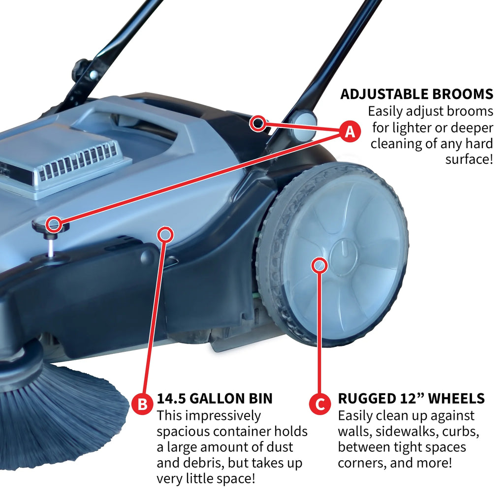 38" Walk Behind Push Sweeper with Triple Power Side Brooms X9648