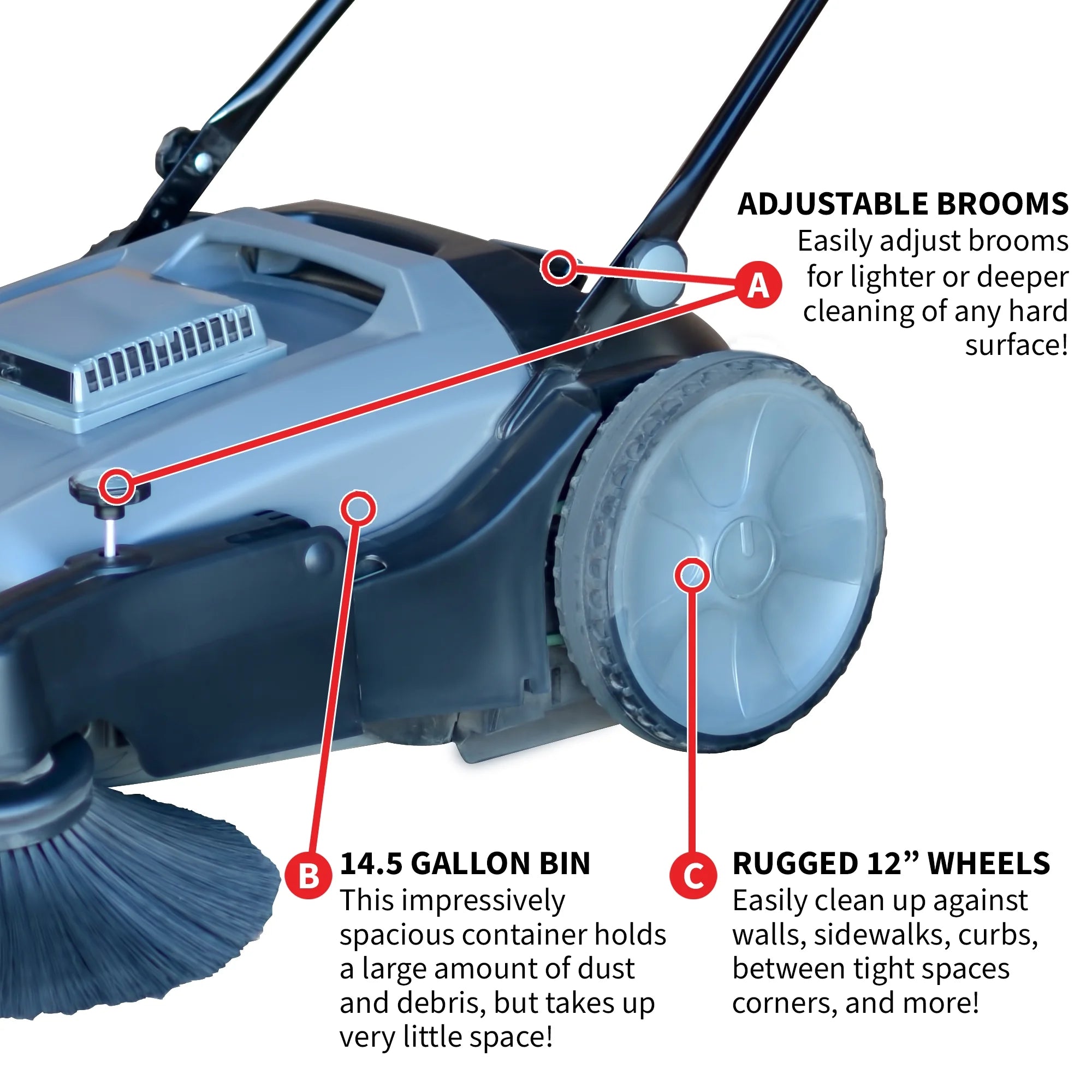 38" Walk Behind Push Sweeper with Triple Power Side Brooms X9648