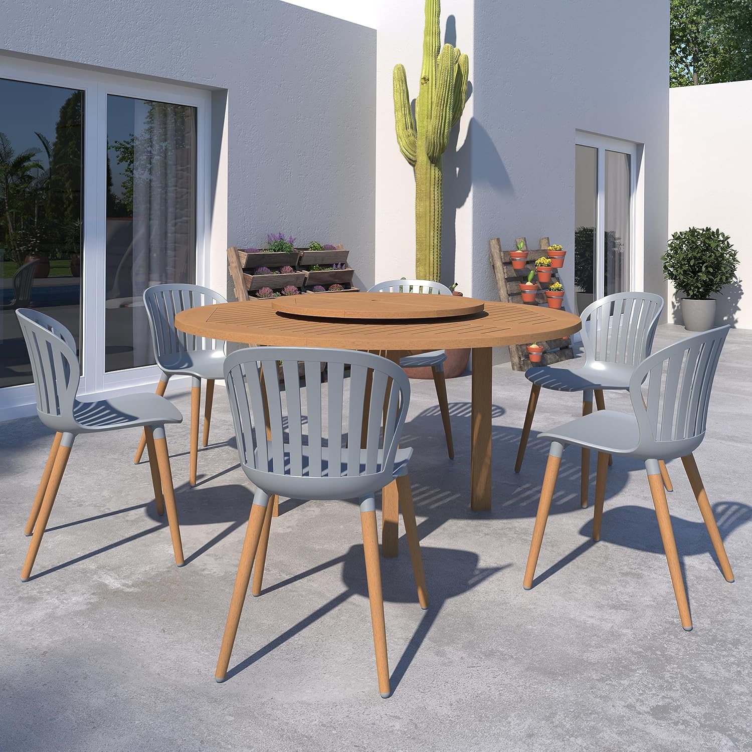 7-Piece Round Dining Set, Eucalyptus Wood, Brown O86405