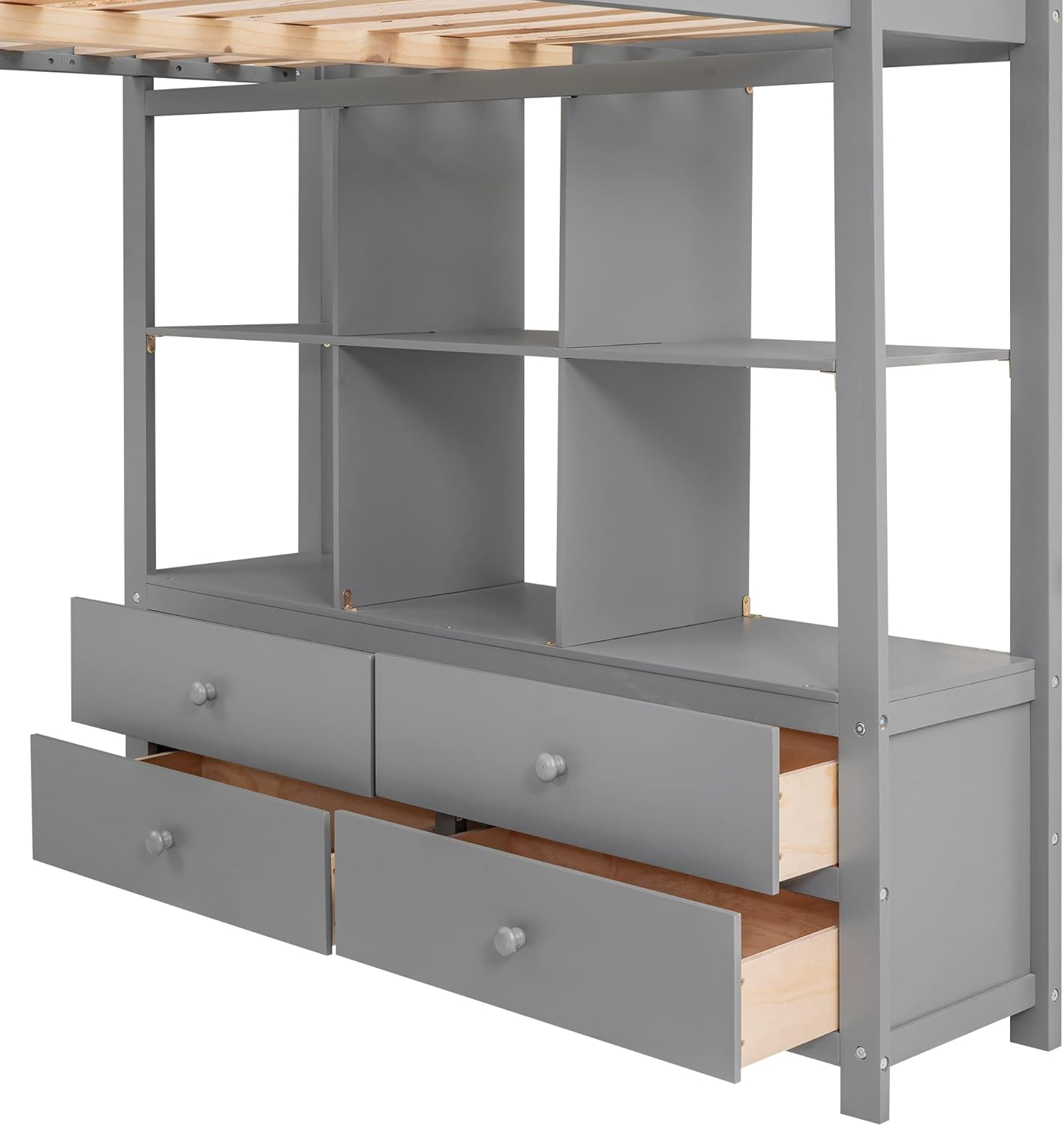 Full Size Solid Wood Loft Bed with Desk and 2 Drawers, Grey Q83593