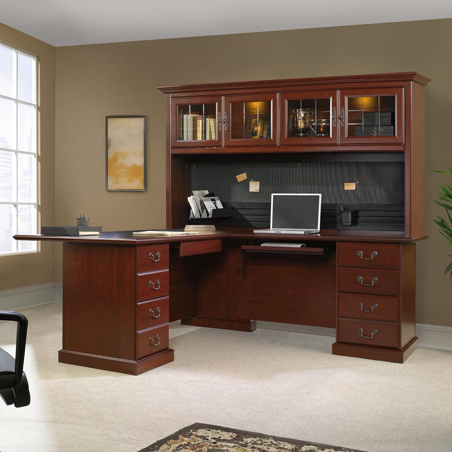 L-Shaped Desk with Hutch, Classic Cherry G828