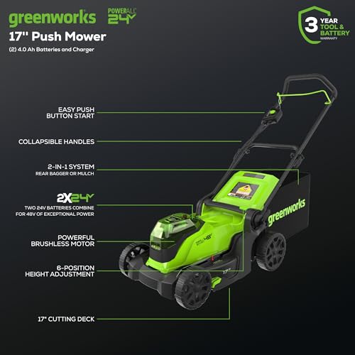 48V 17" Brushless Cordless Push Lawn Mower with 4.0Ah Batteries and Dual Port Rapid Charger R865