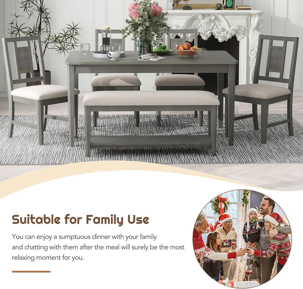 6-Piece Dining Table Set with 4 Upholstered Chairs and 1 Bench, Solid Wood, Dark Gray E50279