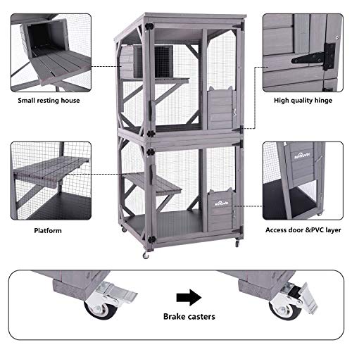 Large Wooden Catio with Run on Wheels (grey) N335