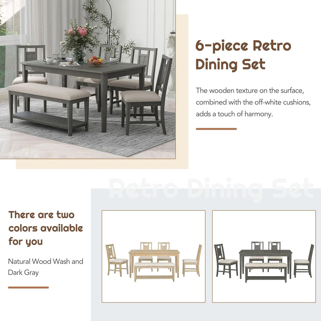 6-Piece Dining Table Set with 4 Upholstered Chairs and 1 Bench, Solid Wood, Dark Gray E50279