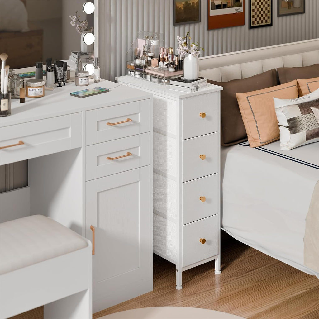White 4 Drawer Slim Fabric Dresser with Steel Frame and Wood Top R263