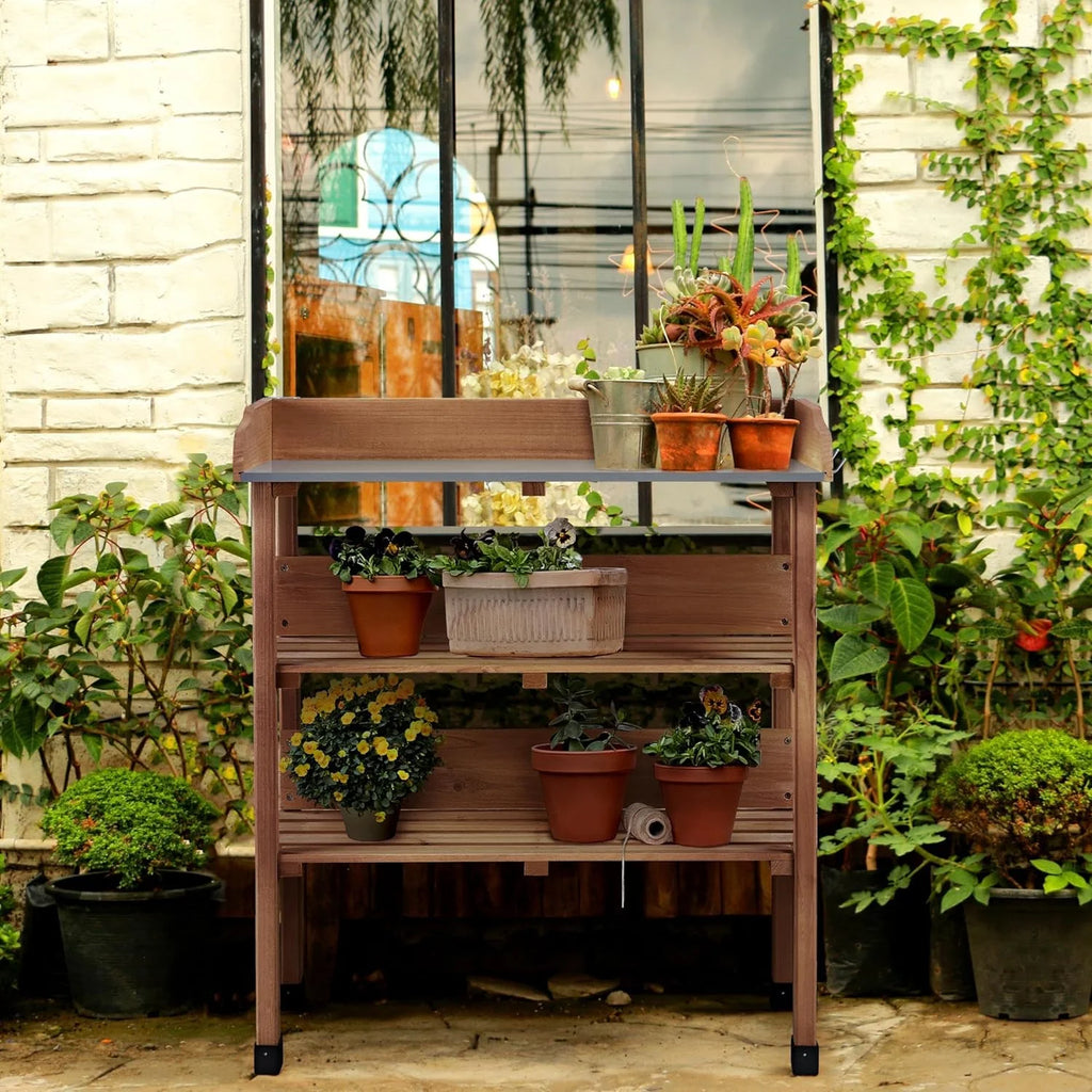Brown Wooden Potting Bench with Metal Tabletop and Storage Shelf C4281