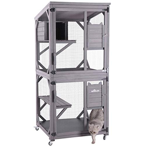 Large Wooden Catio with Run on Wheels (grey) N335