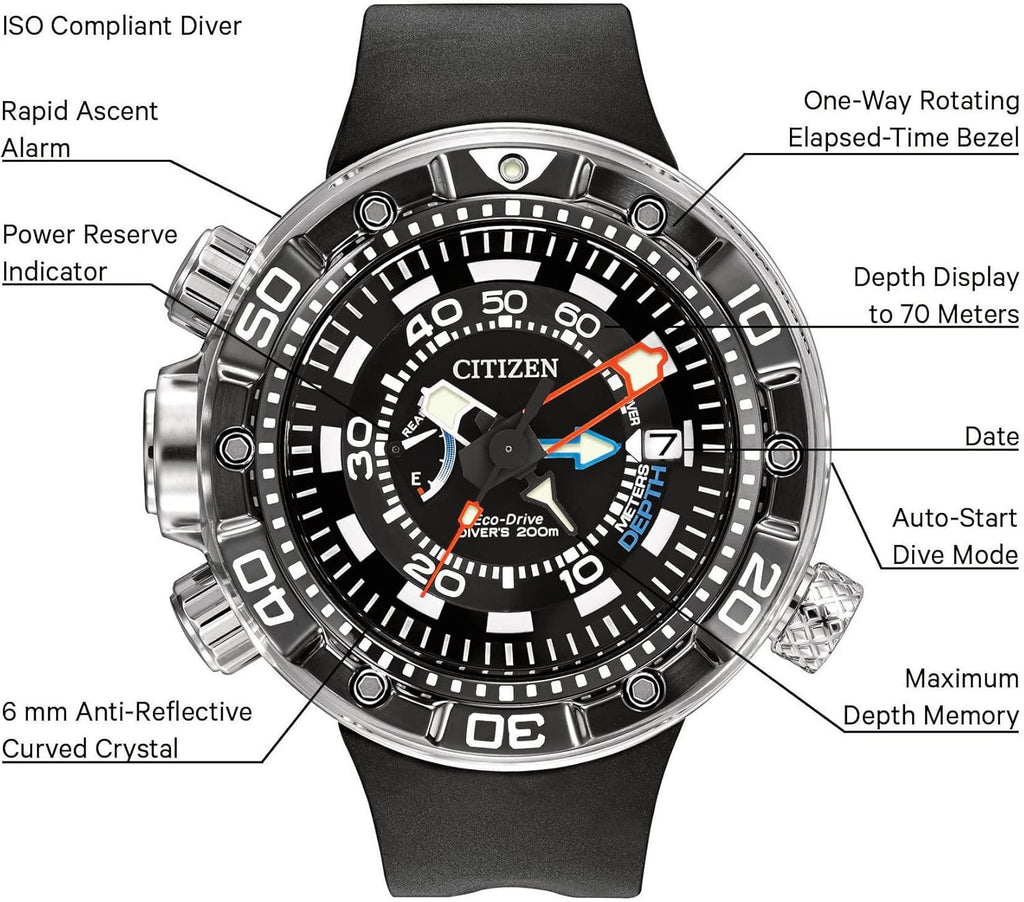 Men's Eco-Drive Promaster Sea Aqualand Depth Meter Watch in Stainless Steel with Black Polyurethane strap, Black Dial Z780295