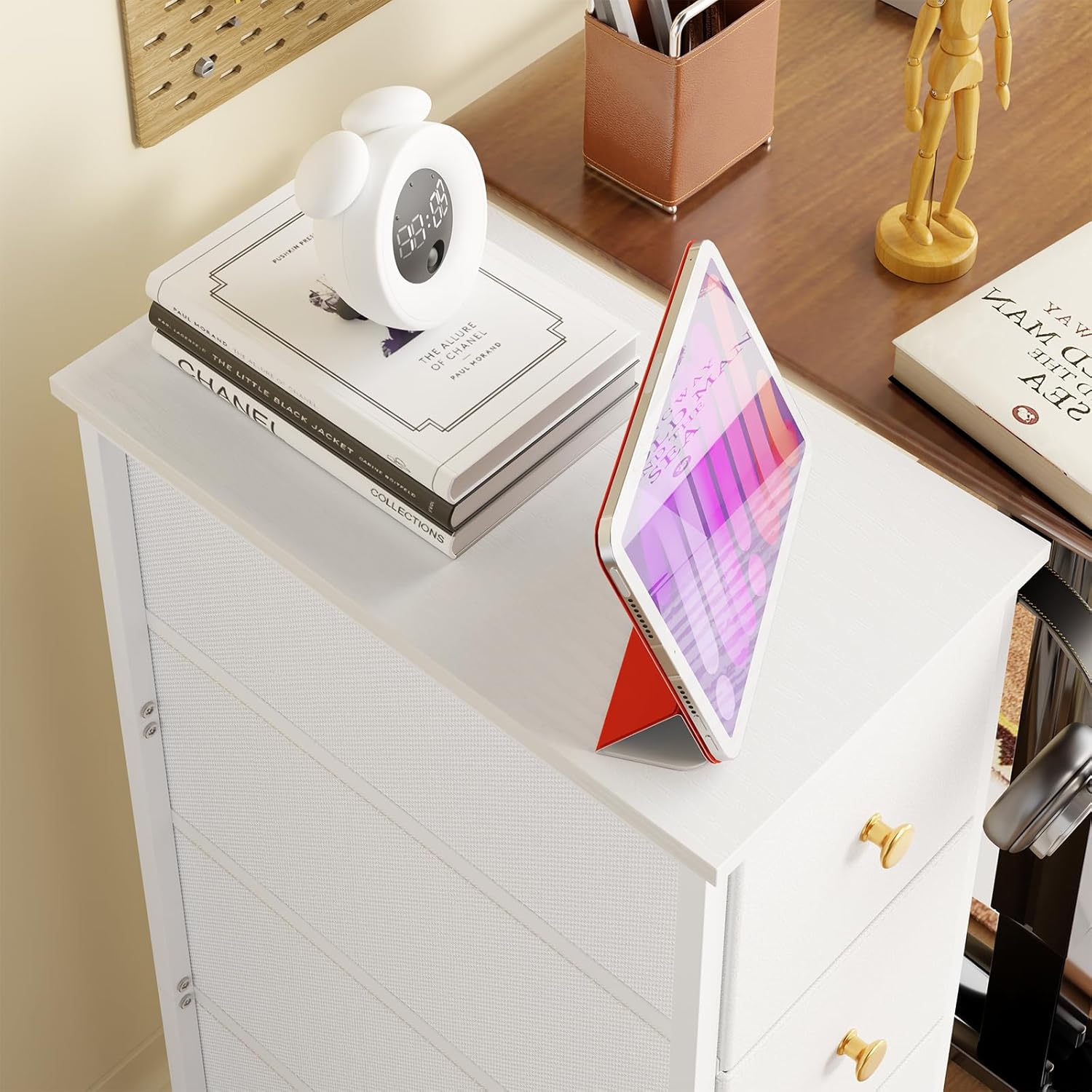 White 4 Drawer Slim Fabric Dresser with Steel Frame and Wood Top R263