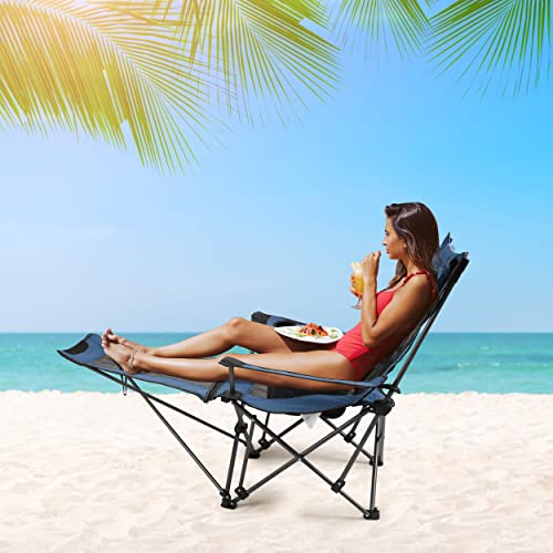Camping Folding Chair with Foot Rest, Cup Holder, Removable Storage Bag (Blue) B37337