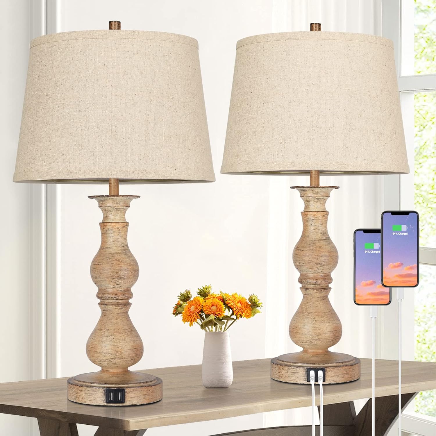 Set of 2 Touch Control Table Lamps with USB Ports, Cream Shades Y4023