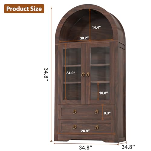 Brown Arched Bookshelf Pantry Storage Cabinet with Drawers Doors and Shelves I18228