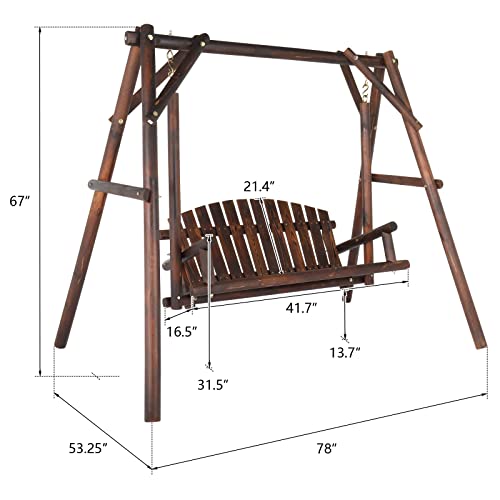 6.5' Outdoor Porch Swing Rustic Loveseat Solid Wooden Natural Log Garden Swing (Carbonized) W63206