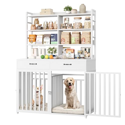 Black Wood & Metal Large Dog Crate Furniture with 4-Tier Shelves and 2 Storage Drawers B462