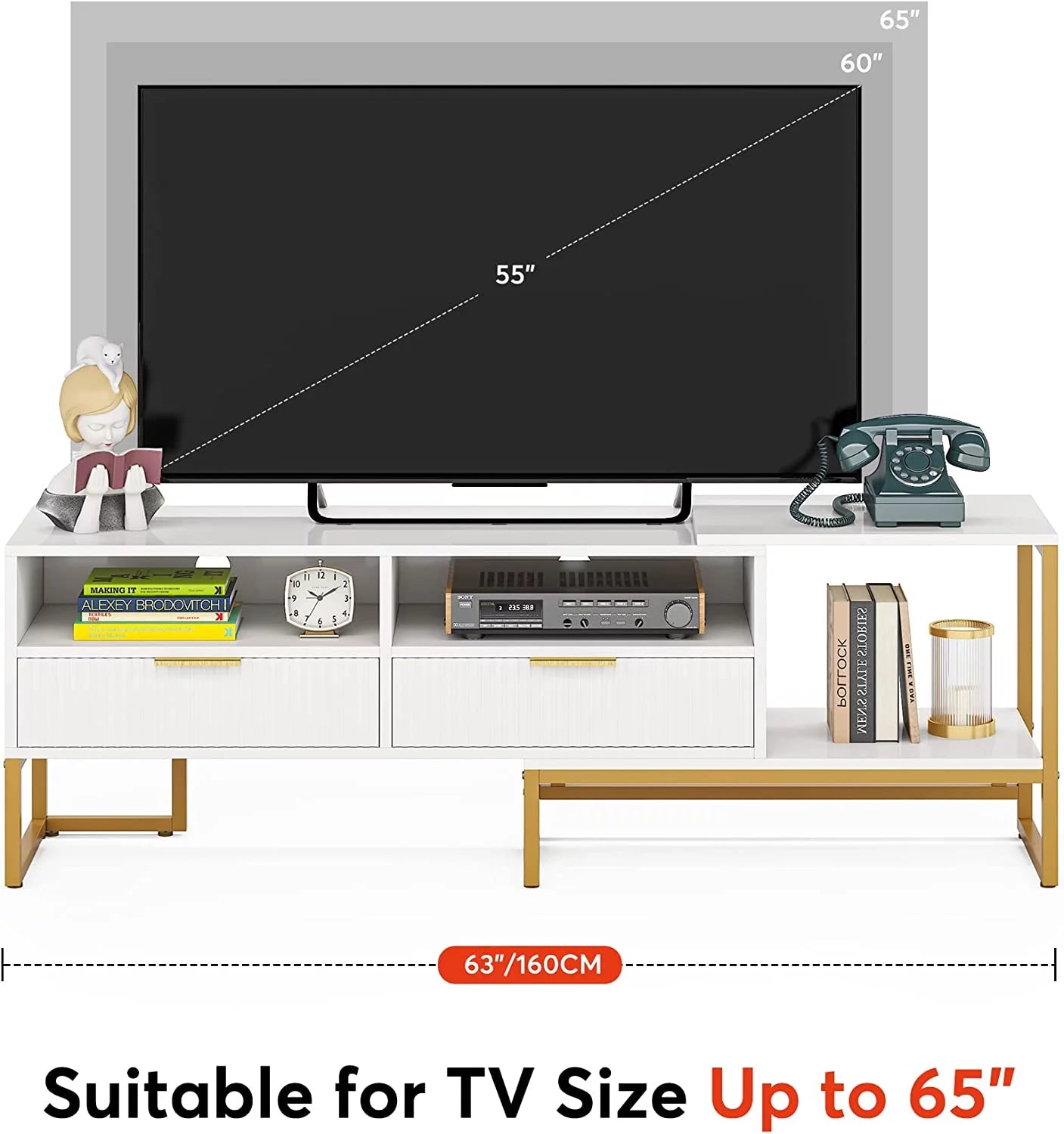 White and Gold TV Stand with 2 Drawers and Open Shelves I172234