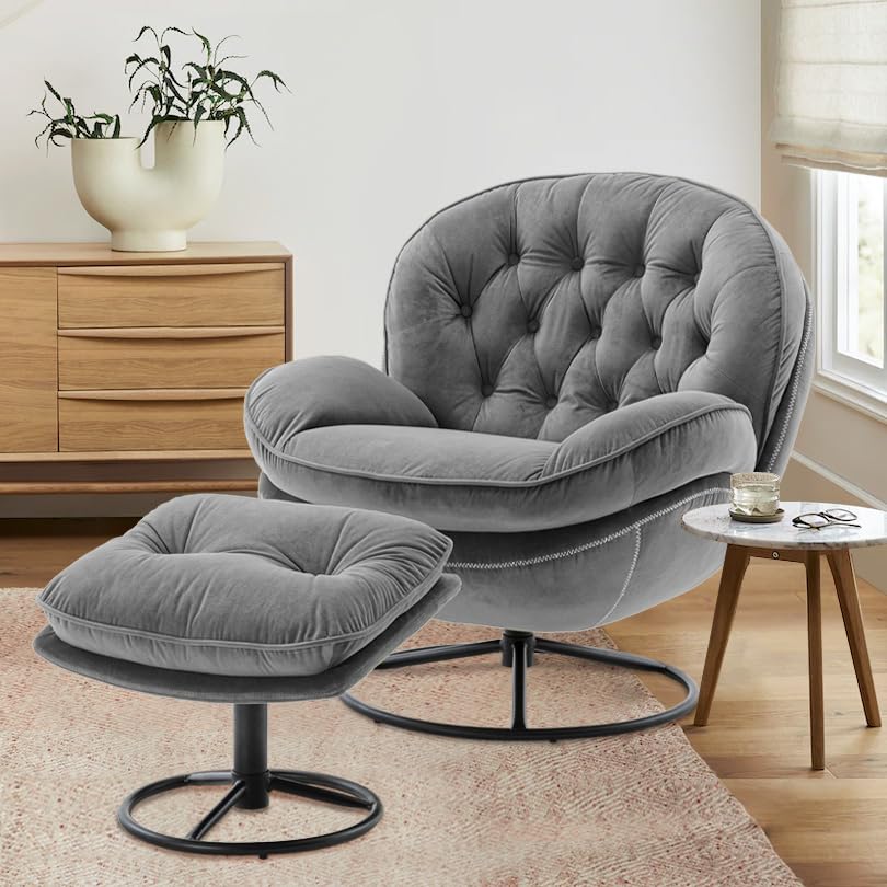 Gray Velvet Swivel Accent Chair with Ottoman Set D979559