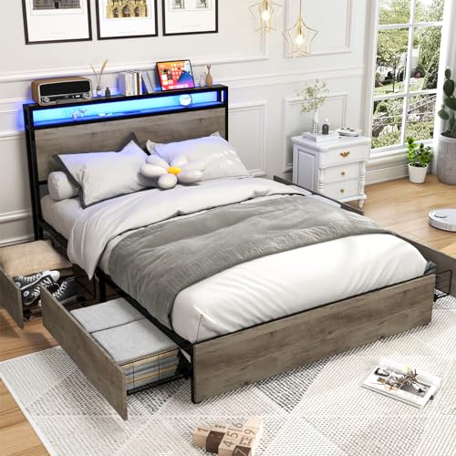 Black Full Size Bed Frame with Headboard, LED, 4 Storage Drawers, Charging Station P15461