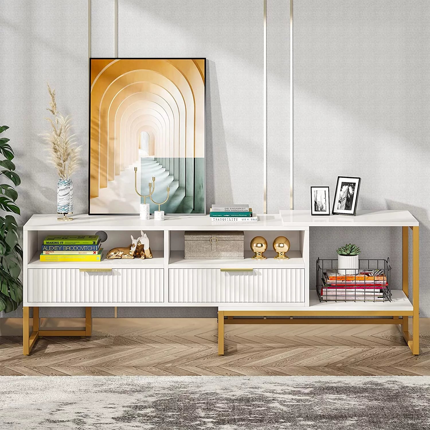 White and Gold TV Stand with 2 Drawers and Open Shelves I172234
