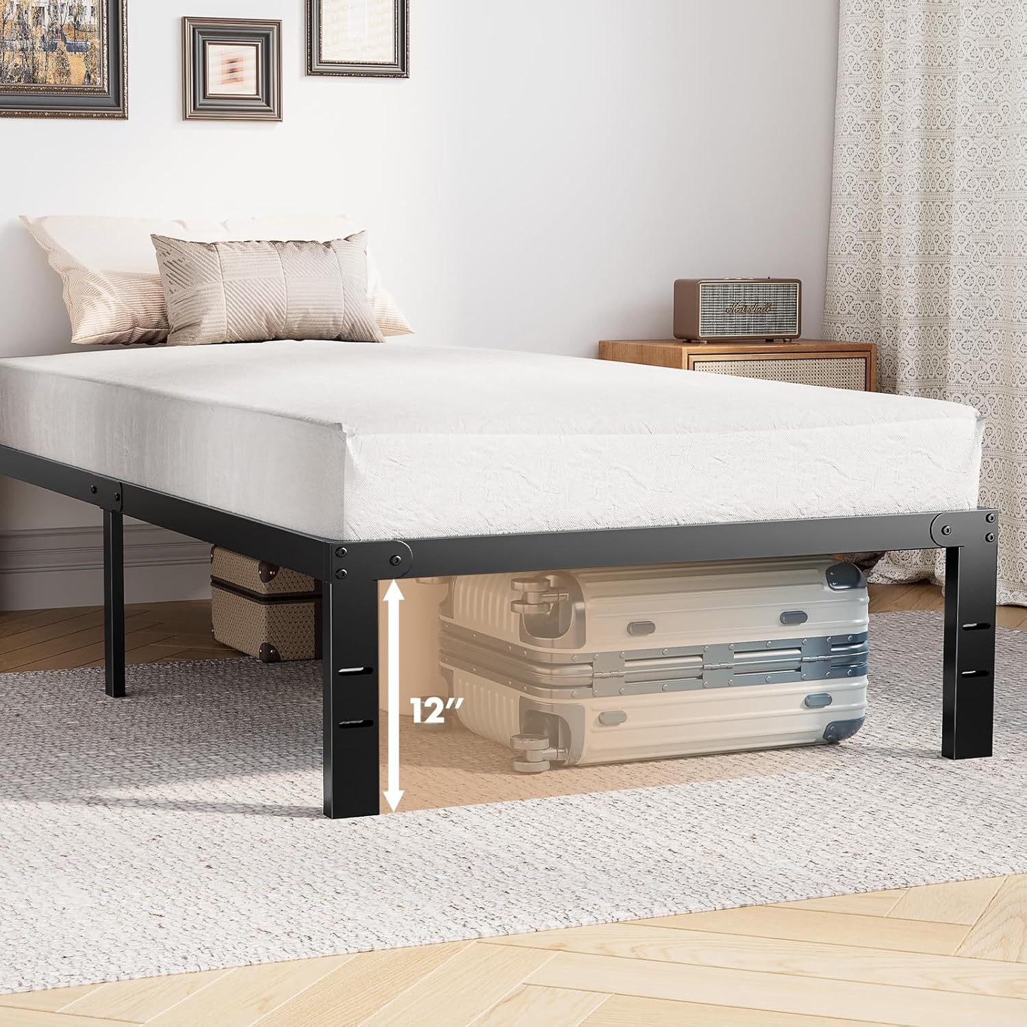 Twin Size Metal Platform Bed Frame with Steel Slat Support, Black N21211