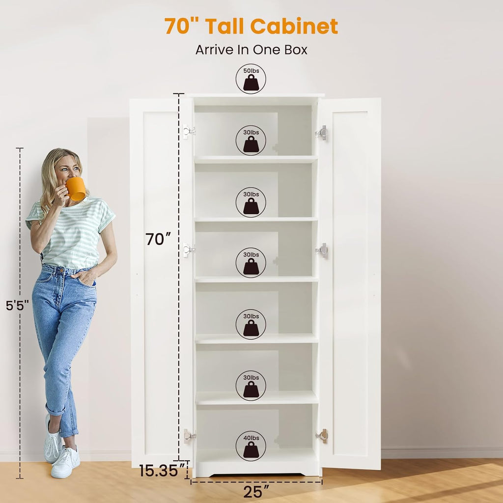 White 70" Tall Storage Cabinet with 2 Doors and 6 Adjustable Shelves E391927