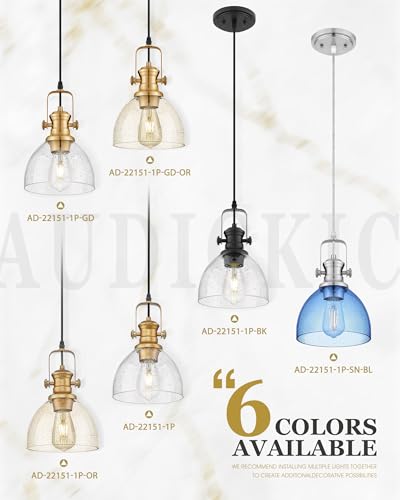 7.5" Farmhouse Pendant Lighting with Clear Seeded Glass Shade, Gold Wood Paint Finish V511