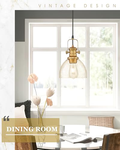 7.5" Farmhouse Pendant Lighting with Clear Seeded Glass Shade, Gold Wood Paint Finish V511