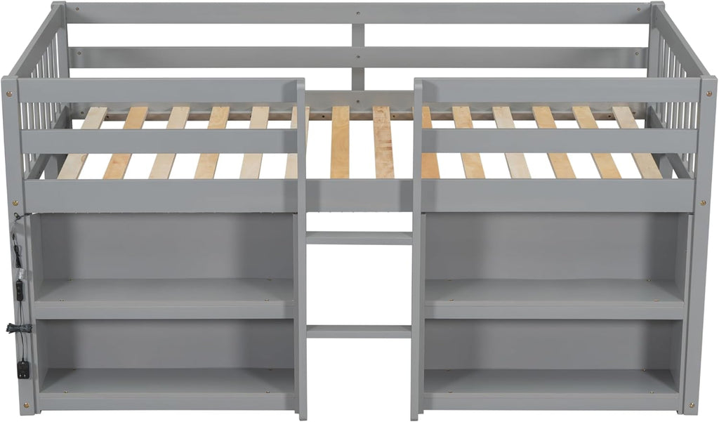 Grey LED Twin Low Loft Bed with Storage Shelves B739983