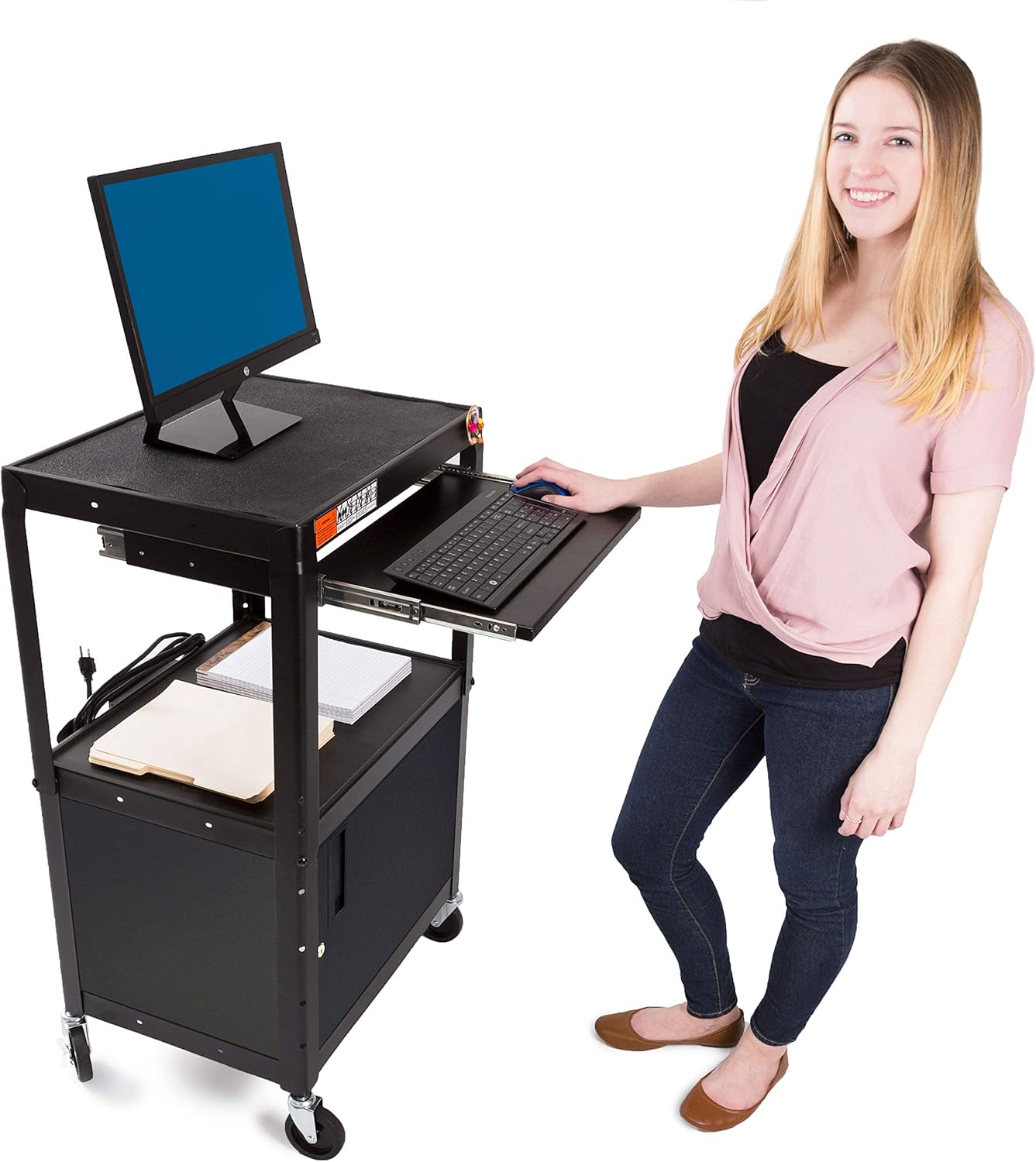 Large AV Cart with Locking Cabinet, Height Adjustable, Black H21904