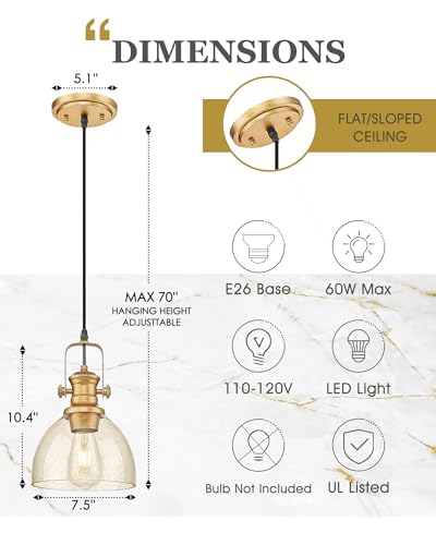 7.5" Farmhouse Pendant Lighting with Clear Seeded Glass Shade, Gold Wood Paint Finish V511
