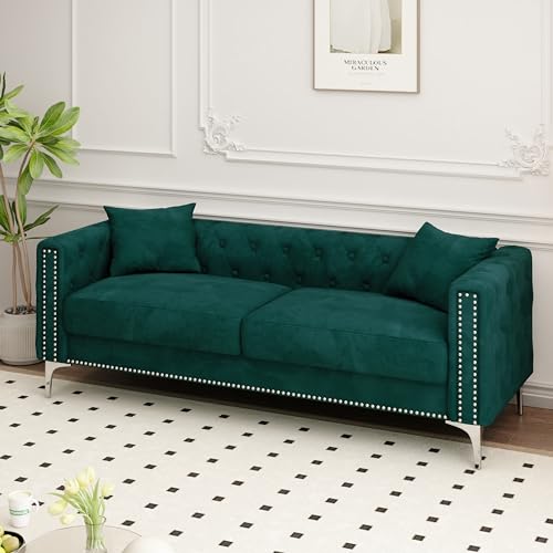 Blue Velvet 3 Seaters Sofa with Nailhead Decor and Metal Legs, 83" X96808
