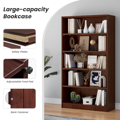 5 Shelf Wooden Bookcase, 60 Inch Height, Cherry L3639