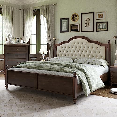 Walnut Queen Size Solid Bed Frame with Upholstered Tufted Headboard H140