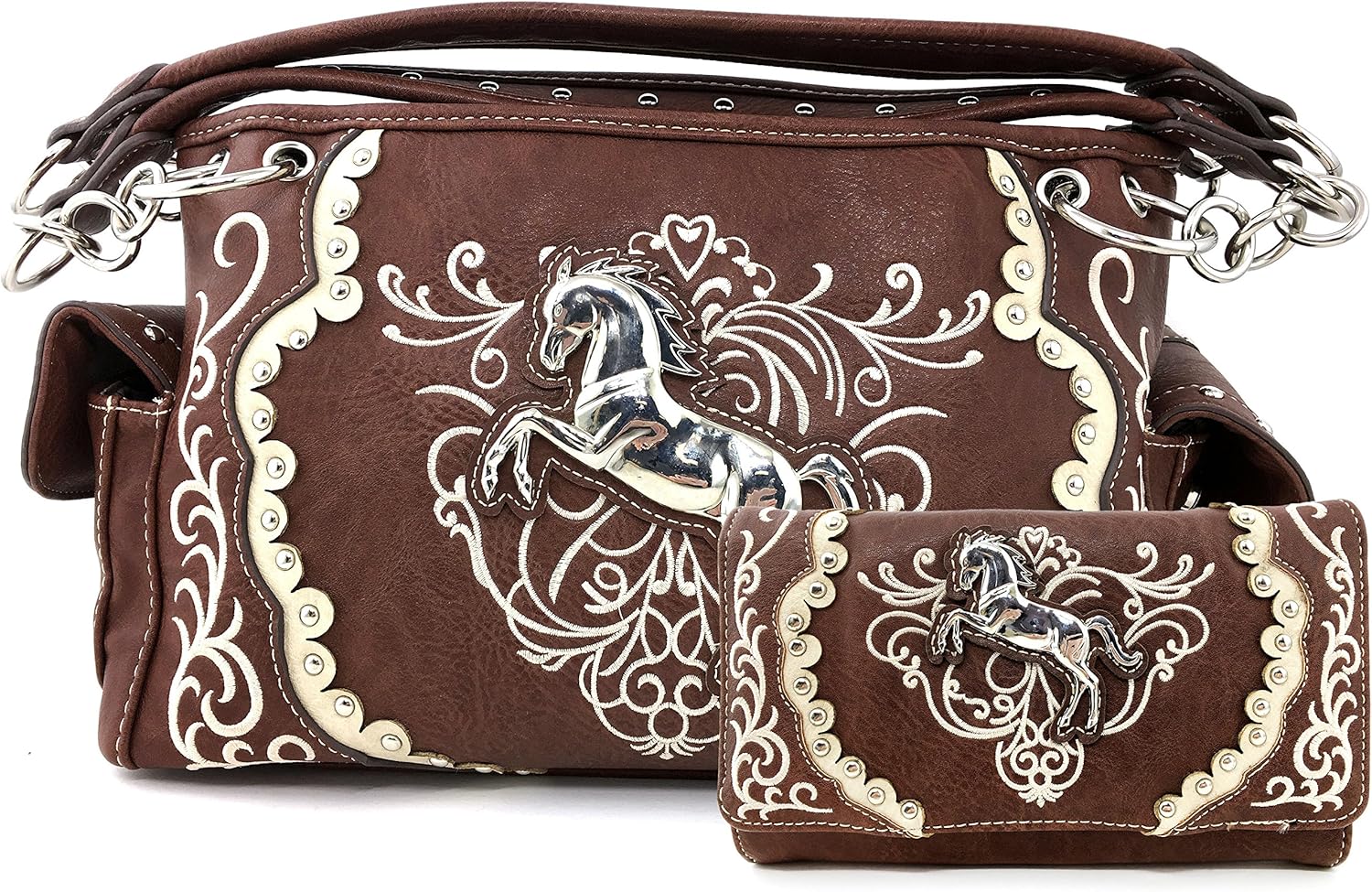 Brown Horse Embroidery Studded Concealed Carry Handbag Purse and Wallet H187637