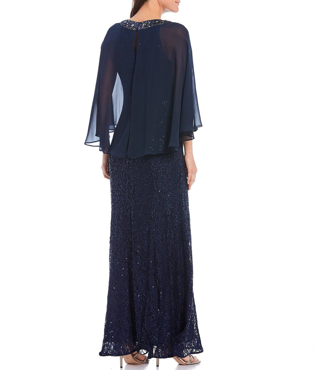 Sequin Lace Chiffon Capelet Gown H191411