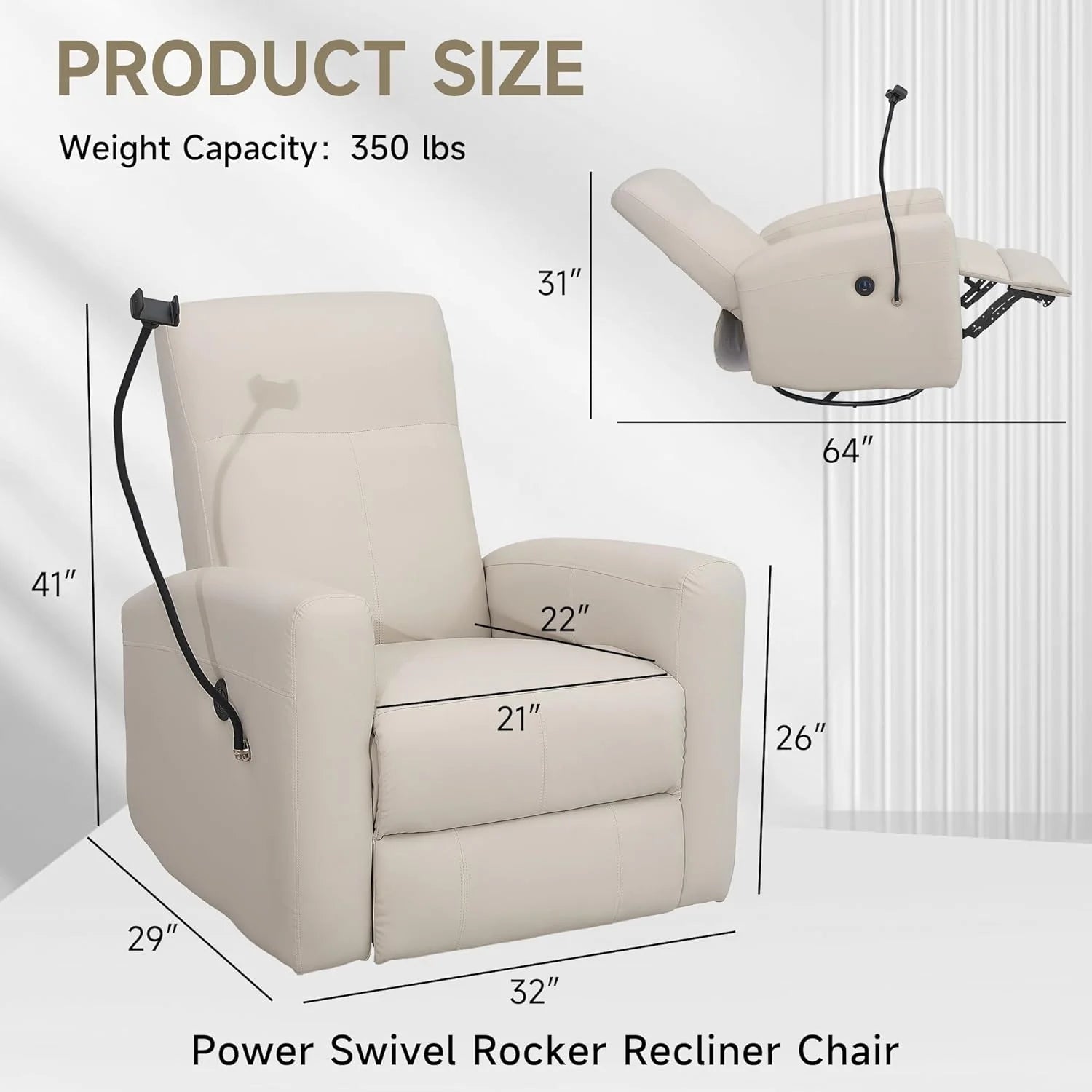 Creamy White Swivel Rocking Power Recliner Chair with USB Port K591729