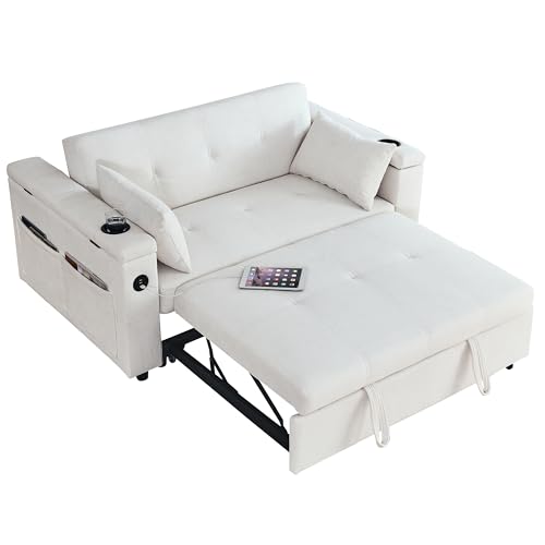 White Chenille 2-Seater Convertible Sofa Bed with USB Power Outlet N6575