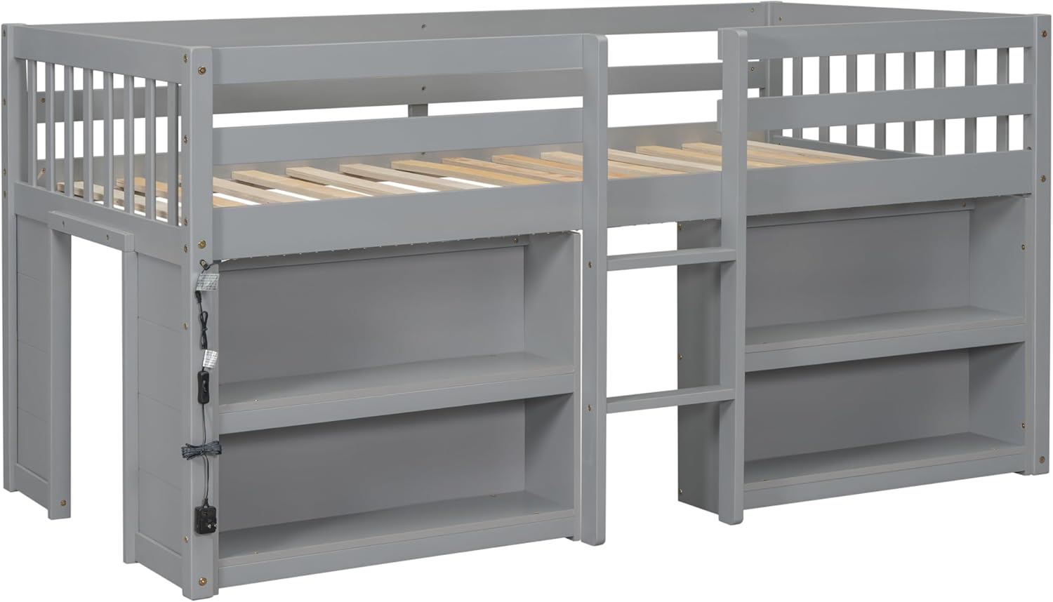 Grey LED Twin Low Loft Bed with Storage Shelves B739983