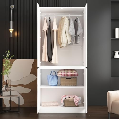 White 4 Door Mirrored Wardrobe Closet with Hanging Rod D38068
