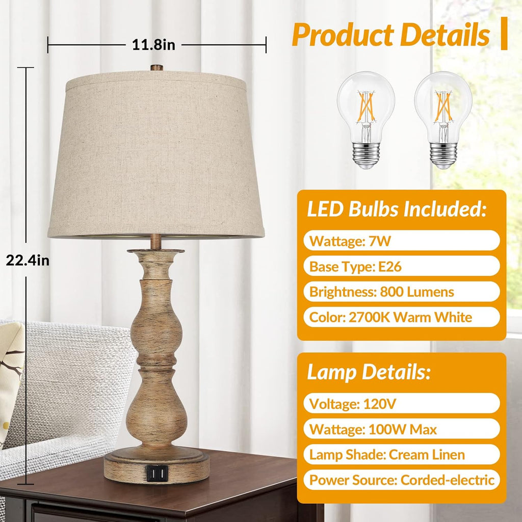 Set of 2 Touch Control Table Lamps with USB Ports, Cream Shades Y4023