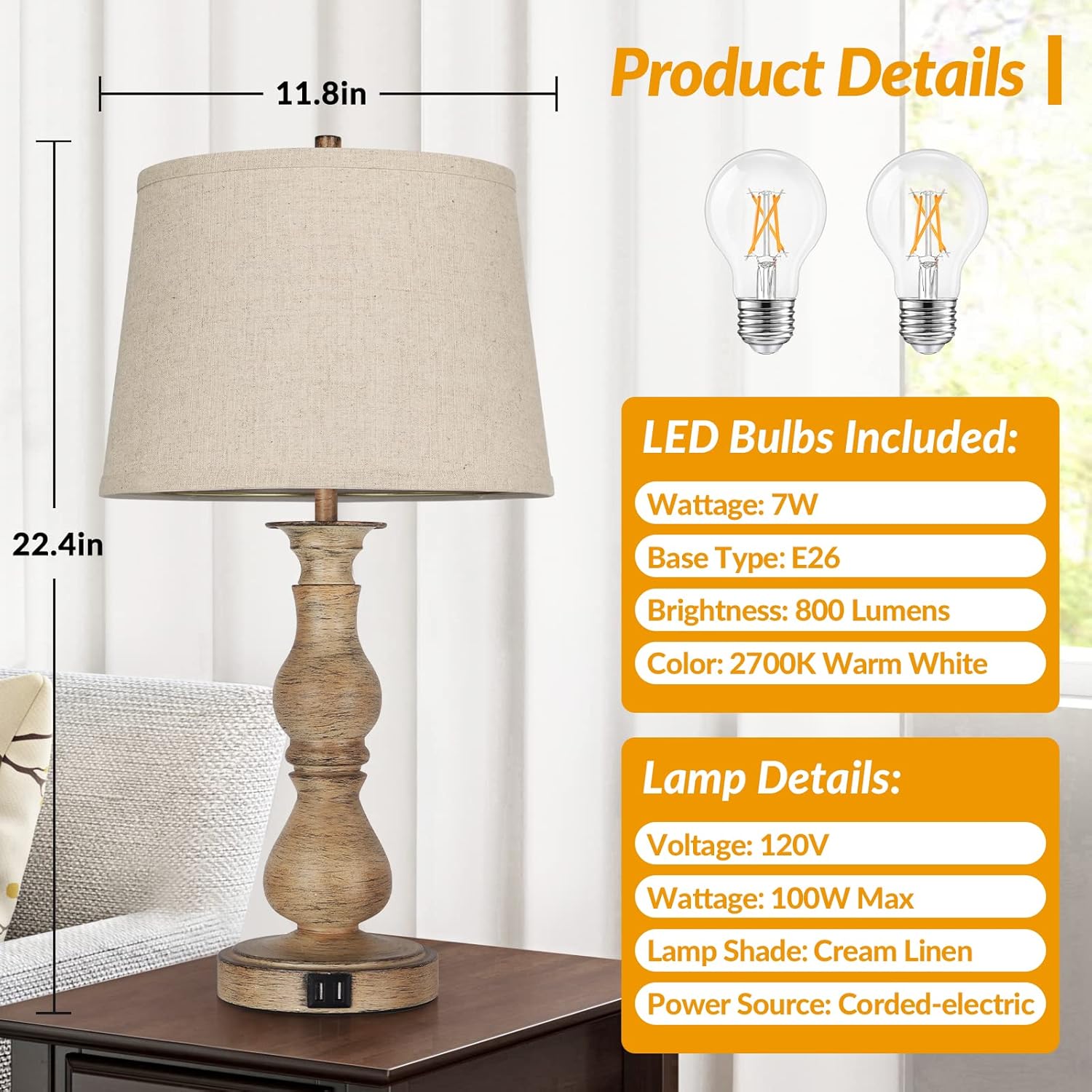 Set of 2 Touch Control Table Lamps with USB Ports, Cream Shades Y4023