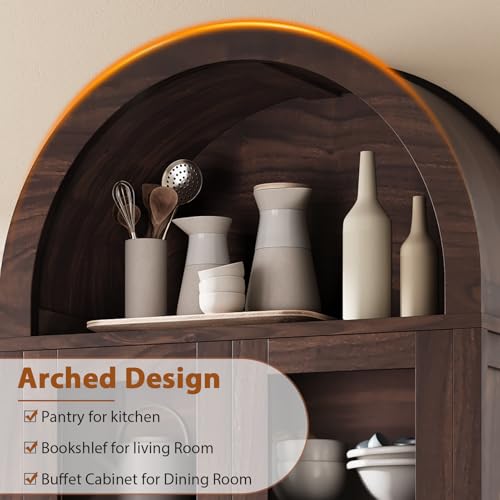 Brown Arched Bookshelf Pantry Storage Cabinet with Drawers Doors and Shelves I18228
