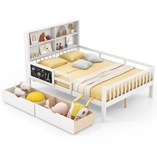 White Full Size Solid Wood Bed Frame with 2 Storage Drawers T854313