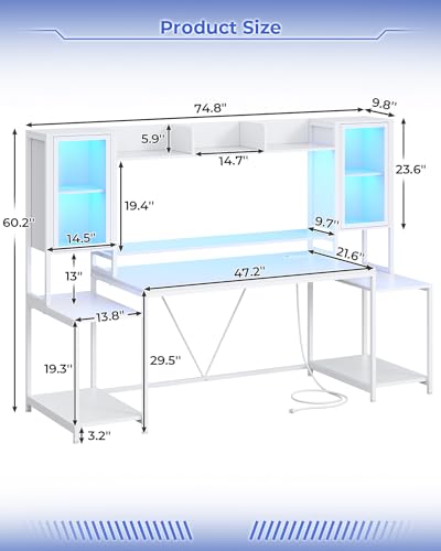White 74.8'' Gaming Desk with LED Lights, Hutch and Storage Shelves I927581