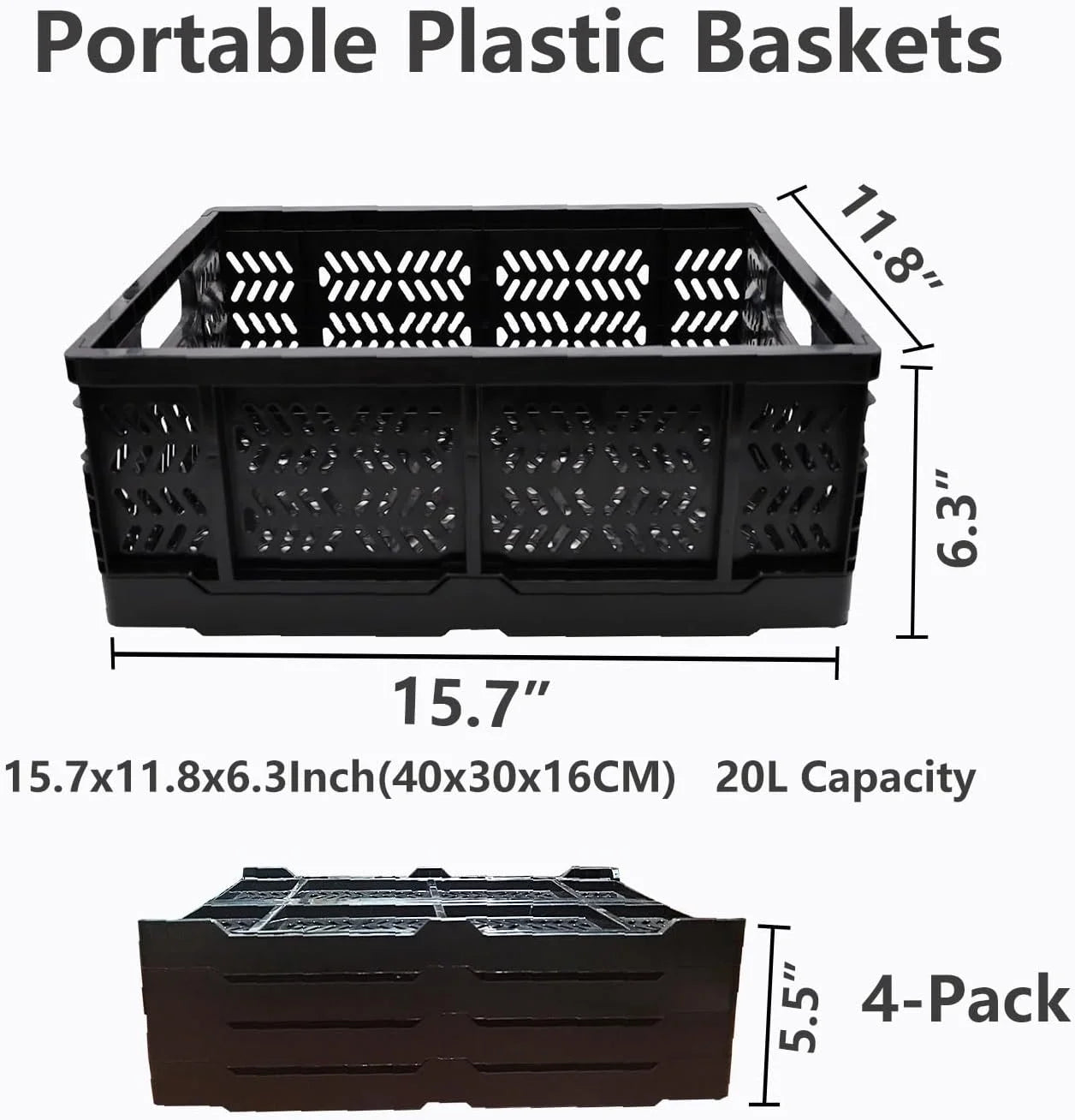 4-Pack Plastic Foldable Storage Crates, 20L, Black A5332