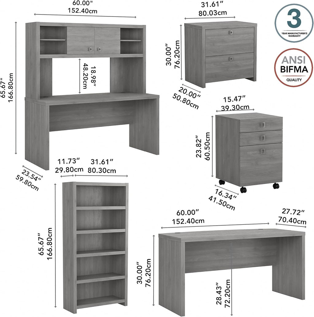 Modern Gray Bow Front Desk with Credenza, Hutch, Bookcase and File Cabinets D8297