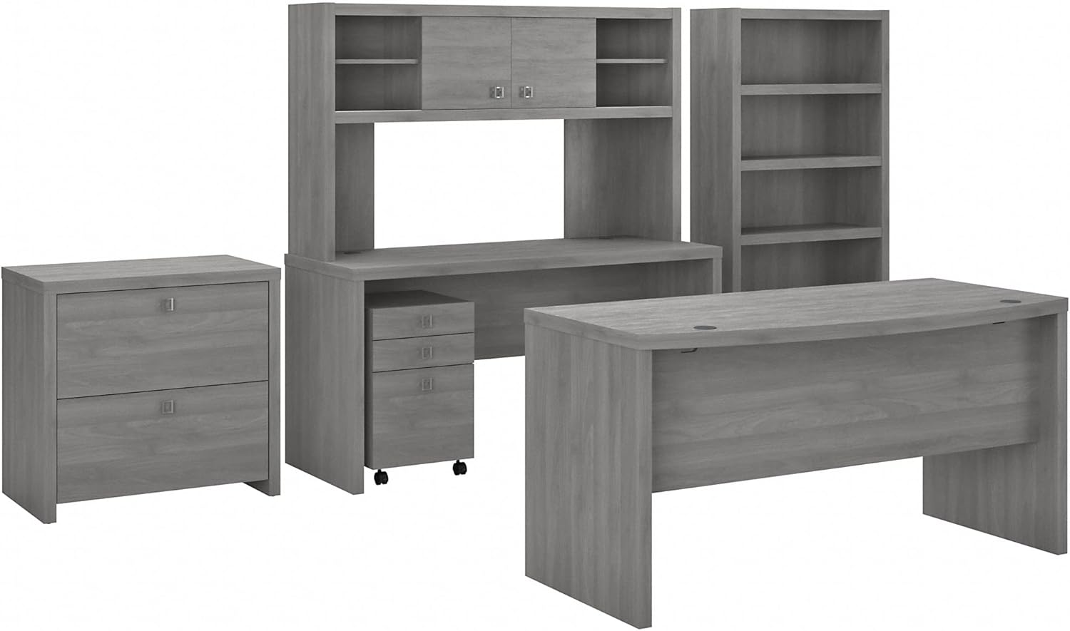 Modern Gray Bow Front Desk with Credenza, Hutch, Bookcase and File Cabinets D8297
