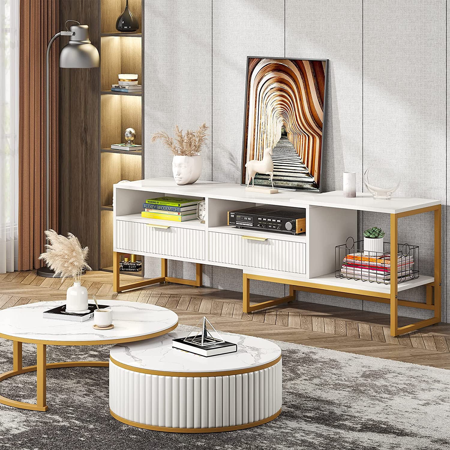 White and Gold TV Stand with 2 Drawers and Open Shelves I172234